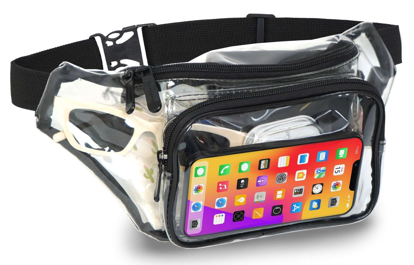 RaveWave Holographic Fanny Pack with three pockets and clear front, ideal for festivals and parties.