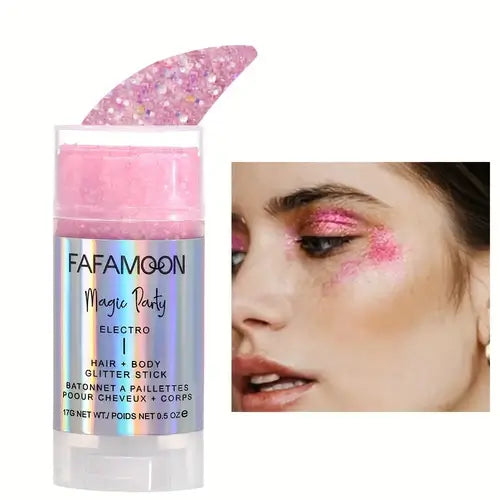 Magic Glow Glitter Stick in pink with sparkles, applied on a model's face for a shimmering festival look.