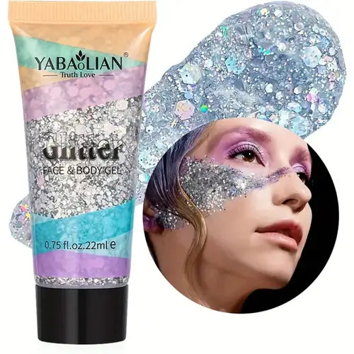 YABAOLIAN Glitter Face & Body Gel in a tube with a model showcasing shimmering glitter on her face.