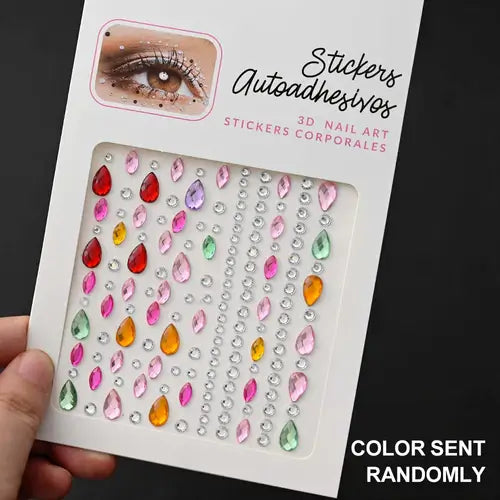 Assorted colorful 3D nail art gem stickers on a display card for creative nail designs.