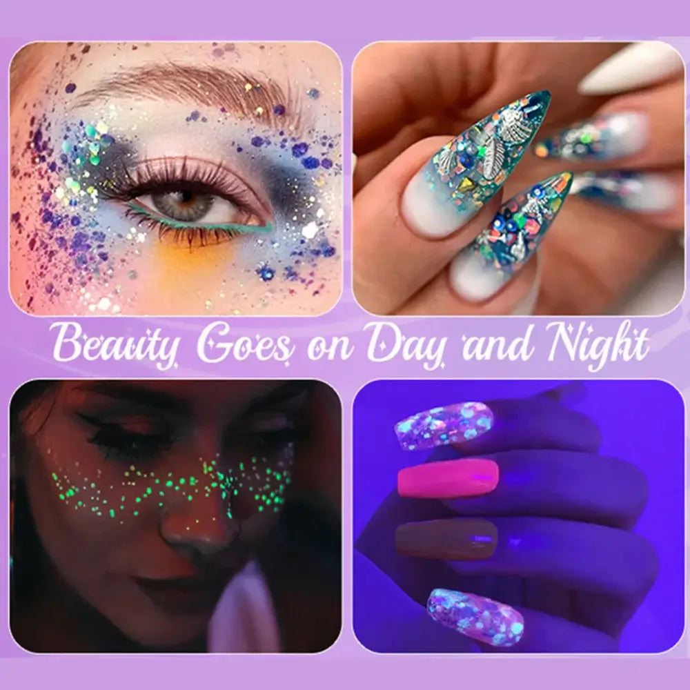 Collage of Neon Nights Glitter Gel application on face and nails, showcasing vibrant, glowing effects for day and night.
