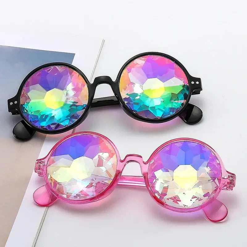 Kaleidoscope glasses with vibrant resin lenses in black and pink frames, creating mesmerizing light patterns.