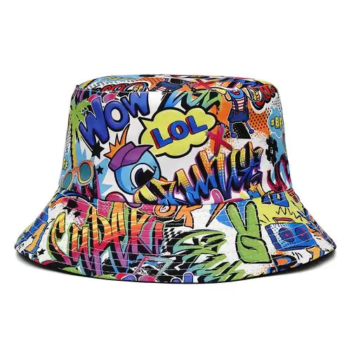 Urban Ink Graffiti Bucket Hat with colorful graffiti design, perfect for festivals and outdoor adventures.