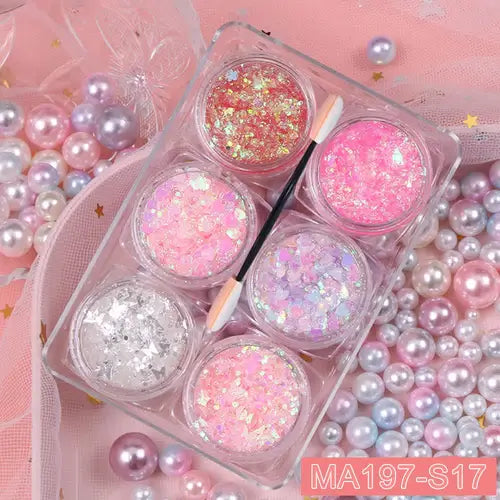 Rave Glow 6-Piece Glitter Gel Set showcasing six vibrant glitter gels in jars on a pastel-colored background.