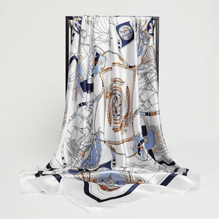 Eclipse Luxe Satin Scarf featuring a vibrant nautical design in soft satin fabric, perfect for stylish layering.