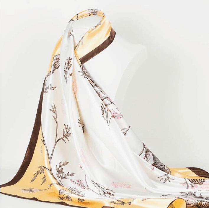 Elegant Veloura Satin Headscarf in floral design, perfect for versatile styling as a headscarf, scarf top, or neckerchief.