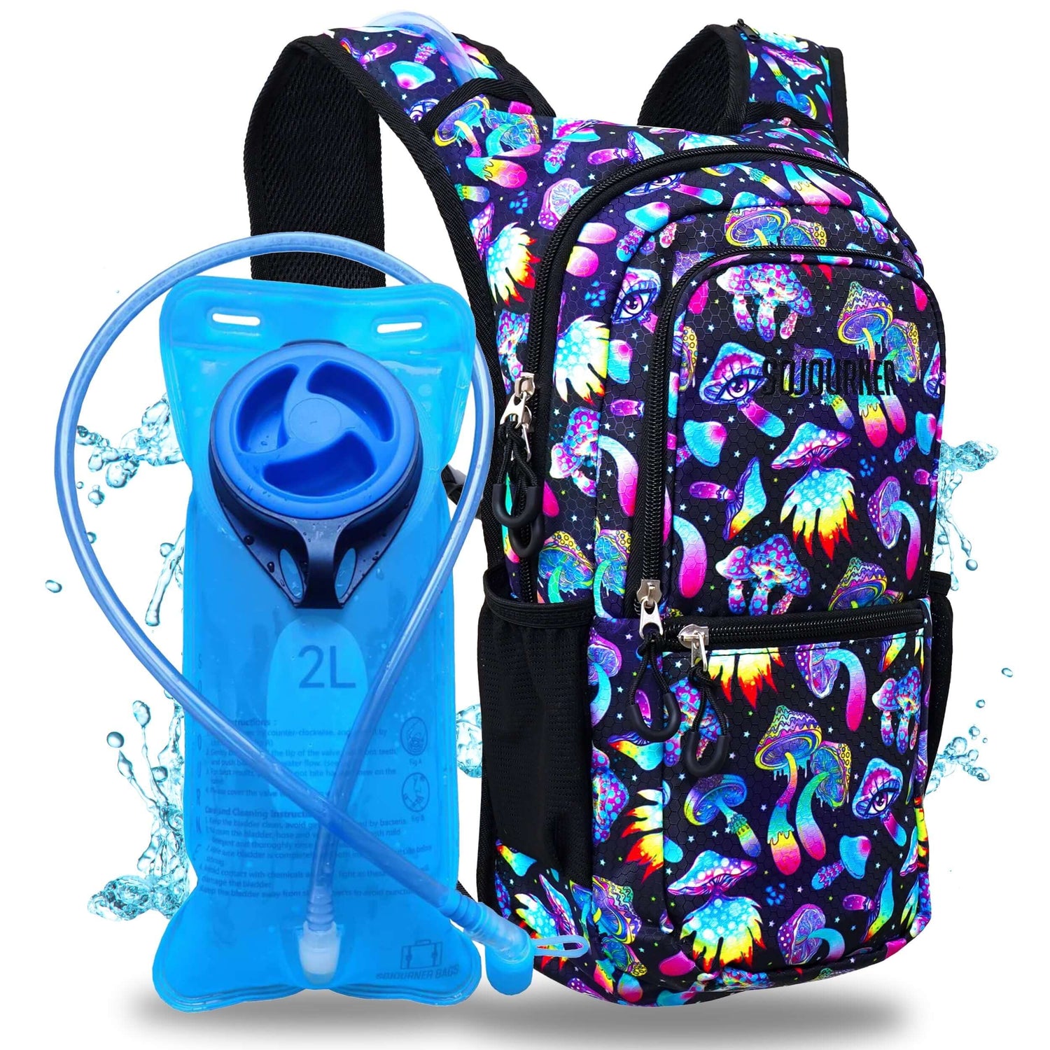 Glowstream Hydration Backpack with 2L blue bladder, colorful vibrant patterns for festivals and adventures