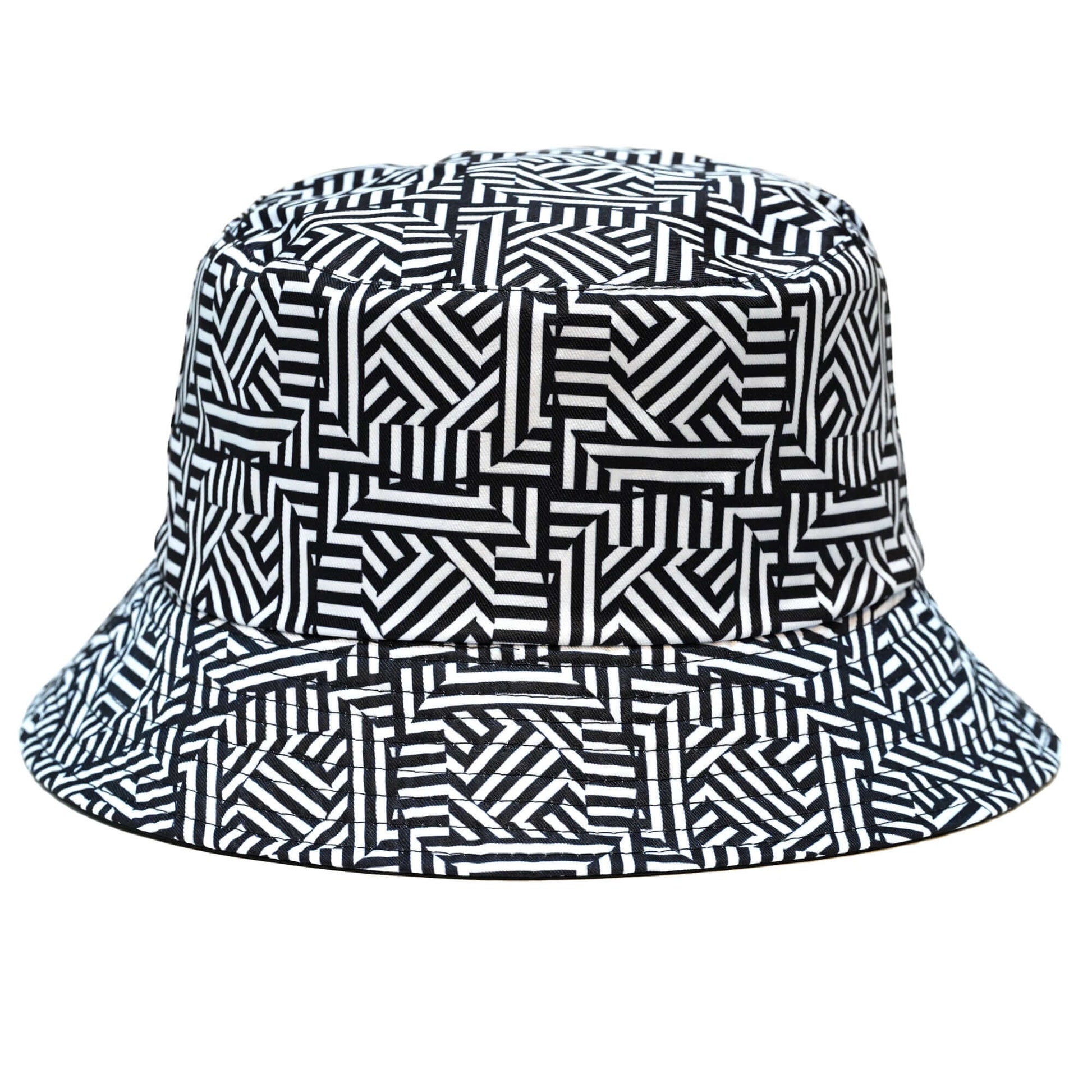 Black and white geometric patterned bucket hat, stylish accessory for festivals and casual outings.