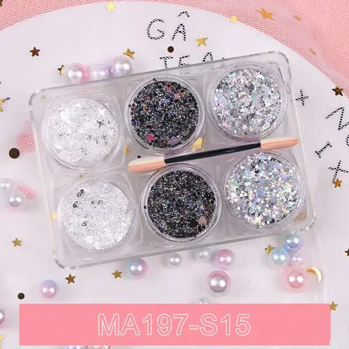 Rave Glow 6-Piece Glitter Gel Set in clear container with six vibrant glitter shades and application tool.
