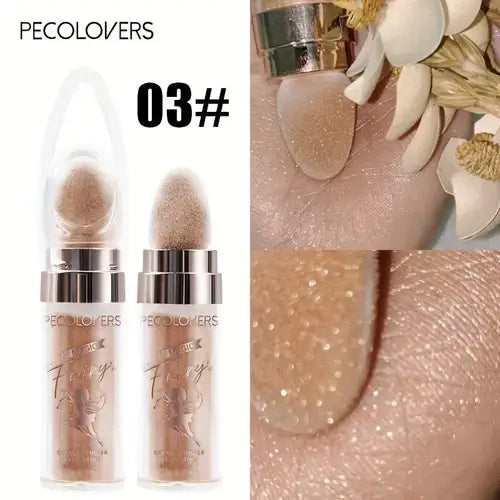 Pecolovers Fairy Dust Shimmer Powder showcasing two applicators and swatches, highlighting its iridescent shimmer.