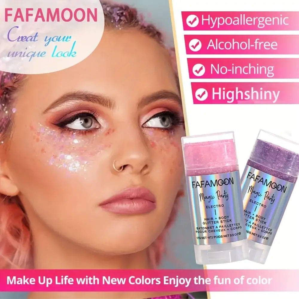 Model showcasing Magic Glow Glitter Stick with shiny glitter on face, promoting vibrant, fun festival looks.