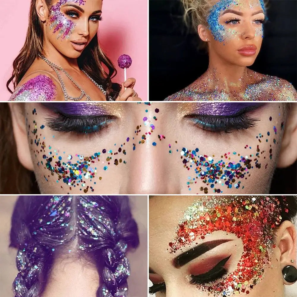 Collage of creative glitter makeup looks featuring vibrant colors and designs for face and hair.