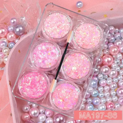 Rave Glow 6-Piece Glitter Gel Set in pink shades, perfect for festivals and events, displayed with colorful pearls.