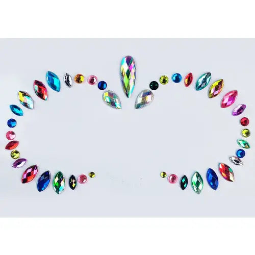 Colorful Celestial Prism Face Jewels featuring iridescent gemstones for festival makeup and creative facial adornments.