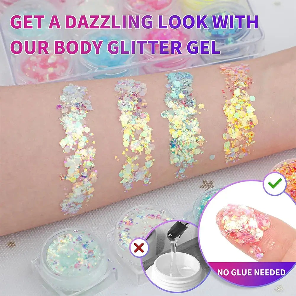Vibrant body glitter gel swatches showcasing sparkle and shimmer, perfect for festivals with no glue needed.