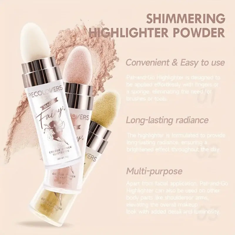 Three bottles of shimmering highlighter powder with sponge applicators; convenient, long-lasting, and multi-purpose for radiant skin.
