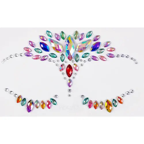 Colorful Celestial Prism Face Jewels, iridescent gemstone clusters for festival makeup, reusable and peel-and-stick.