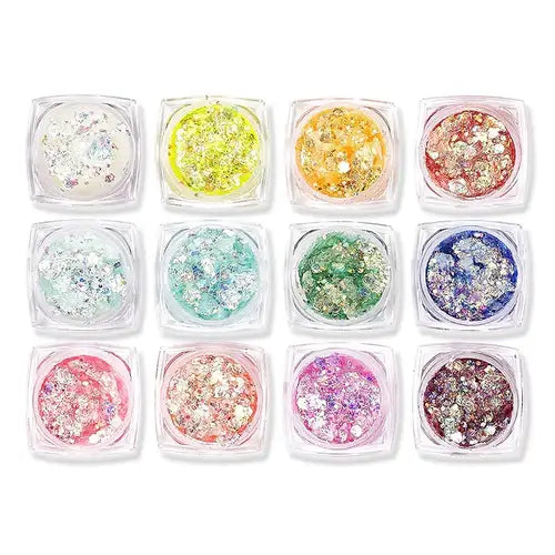 Neon Nights Glitter Gel Set - 24 shimmering colors in jars for face and body, glows in the dark and under UV light.