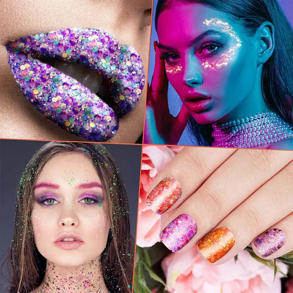 Collage showcasing vibrant glitter applications on lips, face, and nails using Neon Nights Glitter Gel.