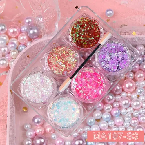 Rave Glow 6-Piece Glitter Gel Set in jars with vibrant colors on pink background, perfect for festival glam and body art.