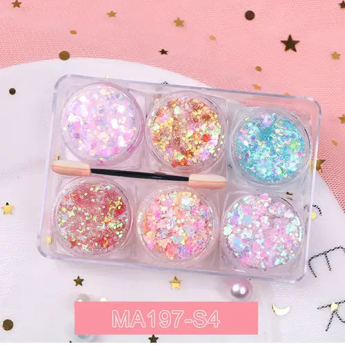 Rave Glow 6-Piece Glitter Gel Set in jars, featuring vibrant colors for face, body, and nails; perfect for festivals.