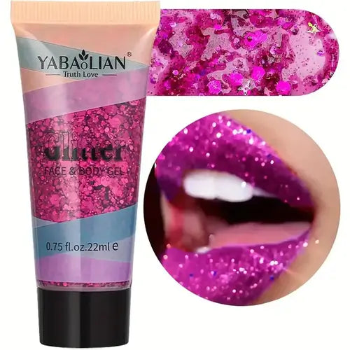 YABALIAN Glitter Face & Body Gel in vibrant pink, featuring chunky glitter for dazzling looks and festival fun.