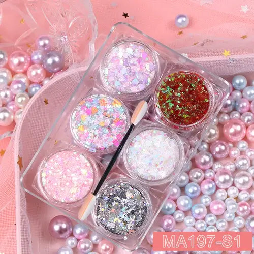Rave Glow 6-Piece Glitter Gel Set in jars on a pink background with colorful pearls, perfect for festival glam.