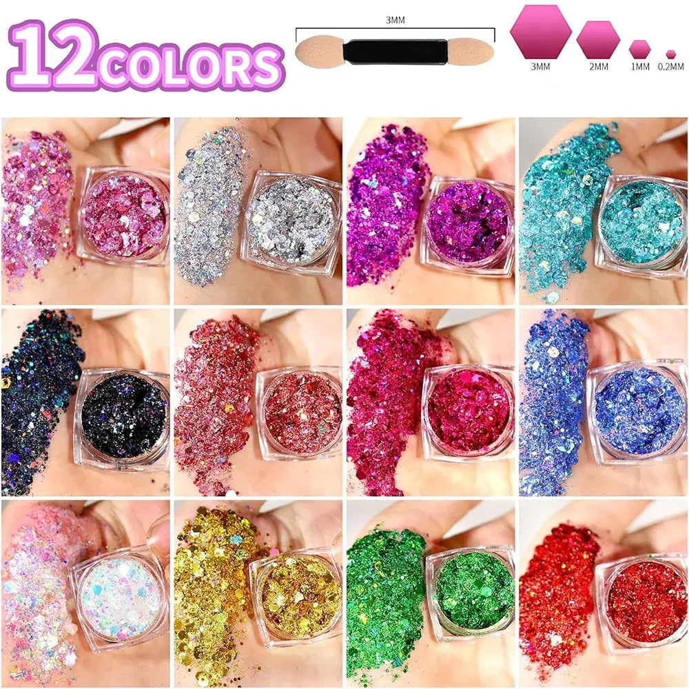 12-color Glitter Bomb Party Palette showcasing vibrant glitters in jars for face, body, hair, and nails.
