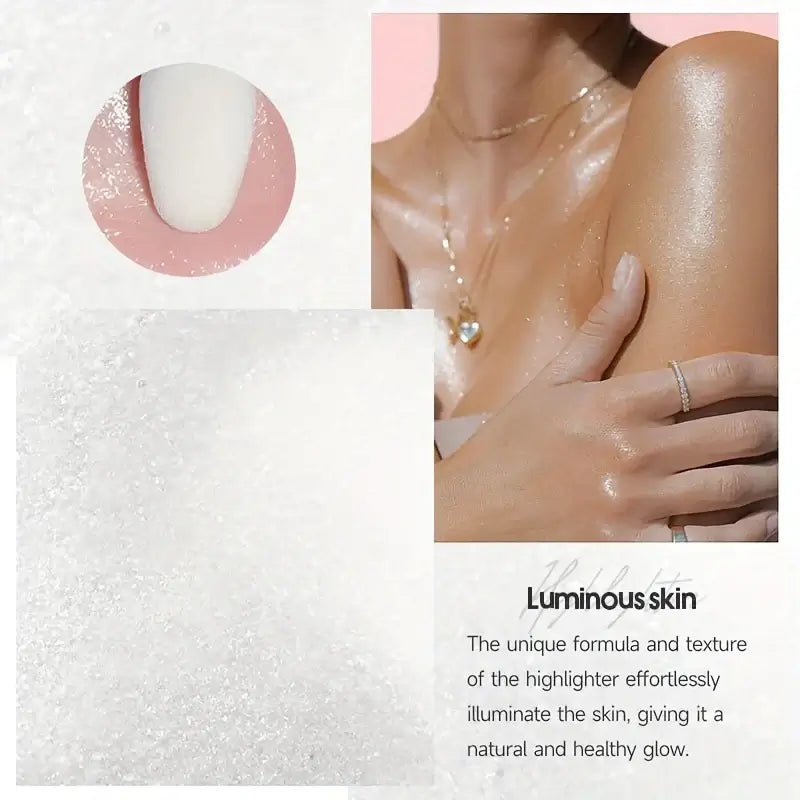 Close-up of Fairy Dust Shimmer Powder, showcasing luminous skin with an iridescent glow and silky texture.