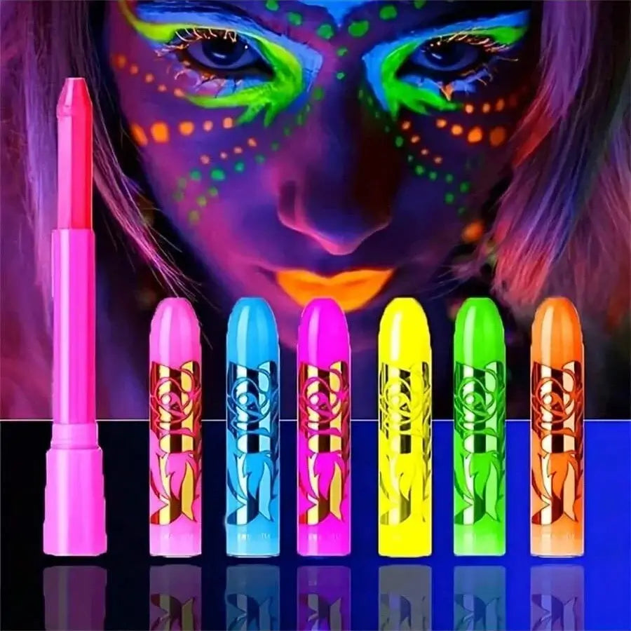 Neon Vibe UV Glow Crayon Set with 6 colorful crayons for vibrant festival makeup under blacklight.