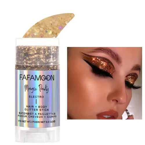 Magic Glow Glitter Stick with gold shimmer packaging alongside a model showcasing glittery eye makeup.
