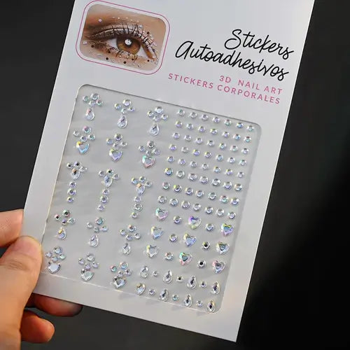Stargirl Sparkle Gems 3D nail art stickers with iridescent rhinestones in various shapes for festival glam.