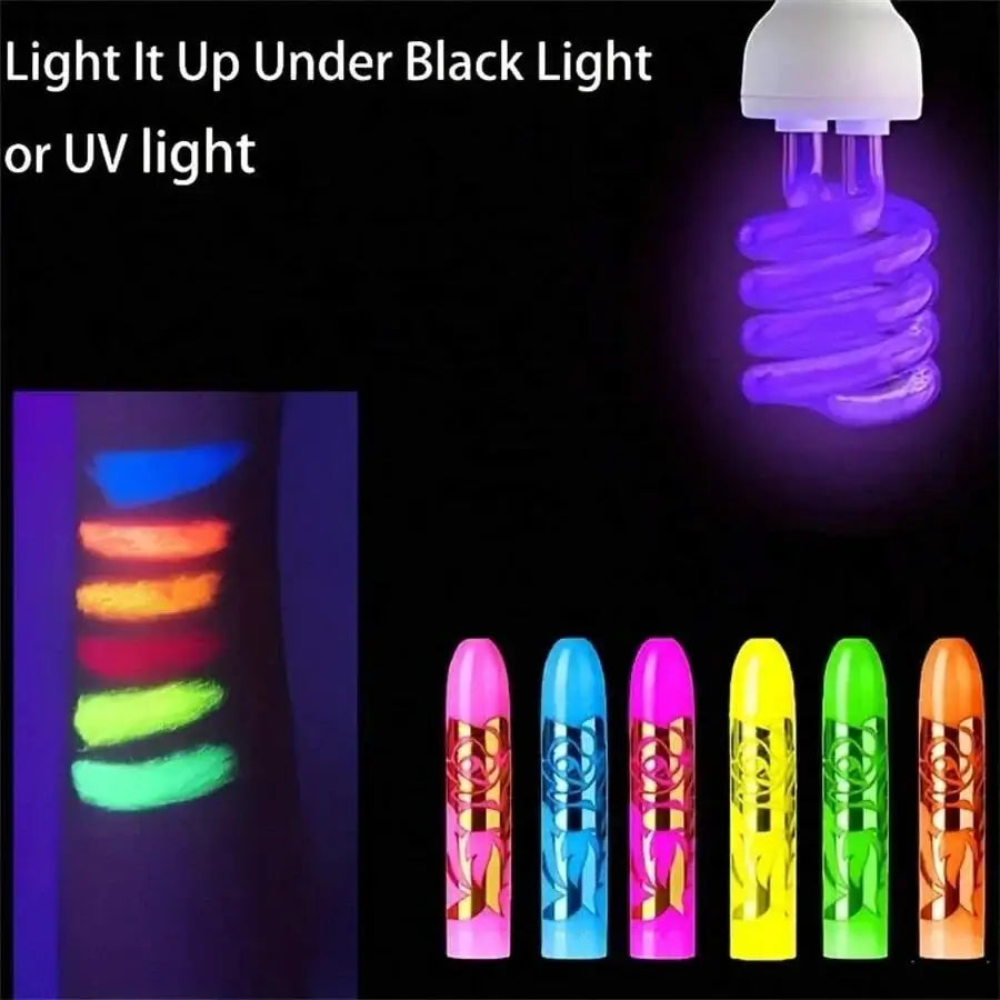 Neon Vibe UV Glow Crayon Set shown under blacklight, displaying vibrant colors and glowing effects.