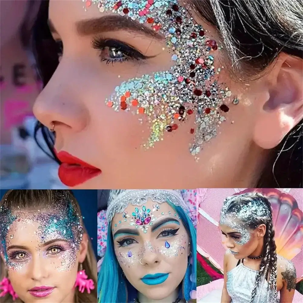 Four women showcasing vibrant festival makeup with glitter designs on their faces, featuring sparkly accents and bold colors.