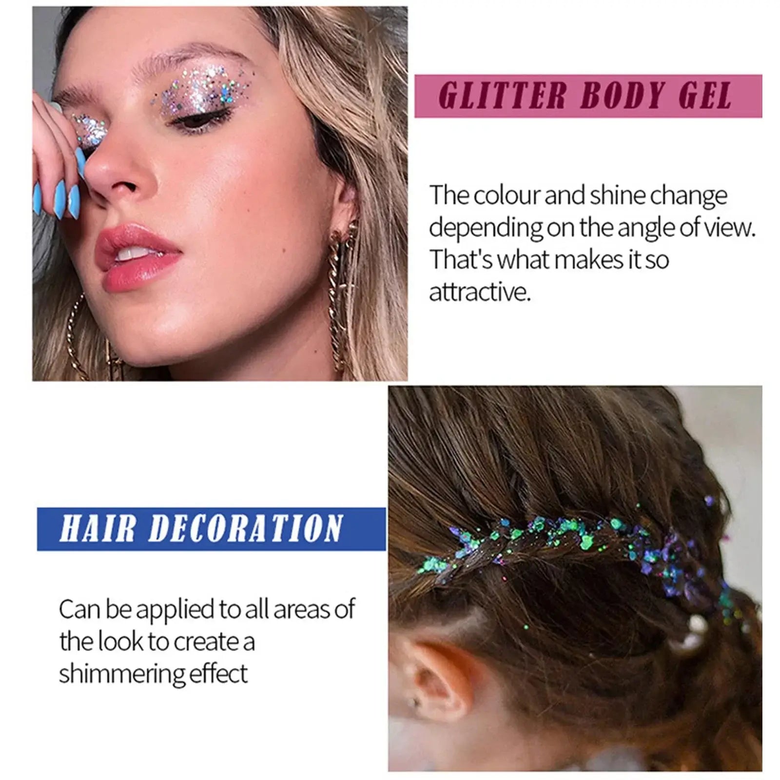 Model showcasing Glitter Body Gel and hair decoration with shimmering effects for glam looks.