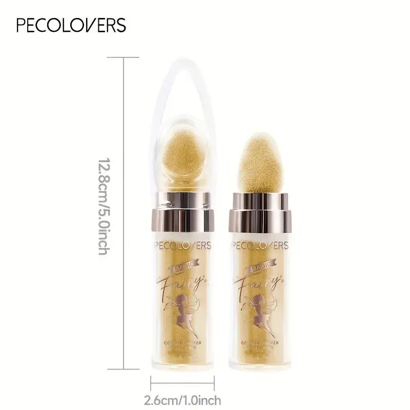 Fairy Dust Shimmer Powder by PECOLVERS in a sleek container with a fluffy applicator for easy highlighting.