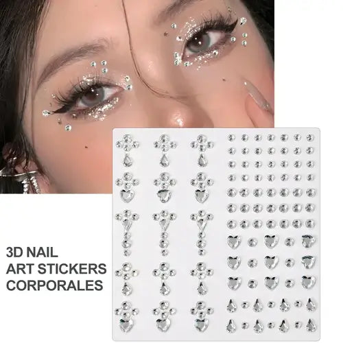 3D nail art stickers with clear gems displayed on a model's face showcasing festival makeup.