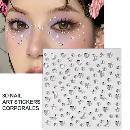 Model with iridescent face gems and sheet of 3D nail art stickers featuring hearts, stars, and moons.