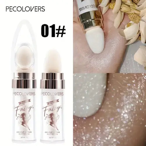 Pecolovers Fairy Dust Shimmer Powder with applicator, showcasing iridescent glitter on skin.