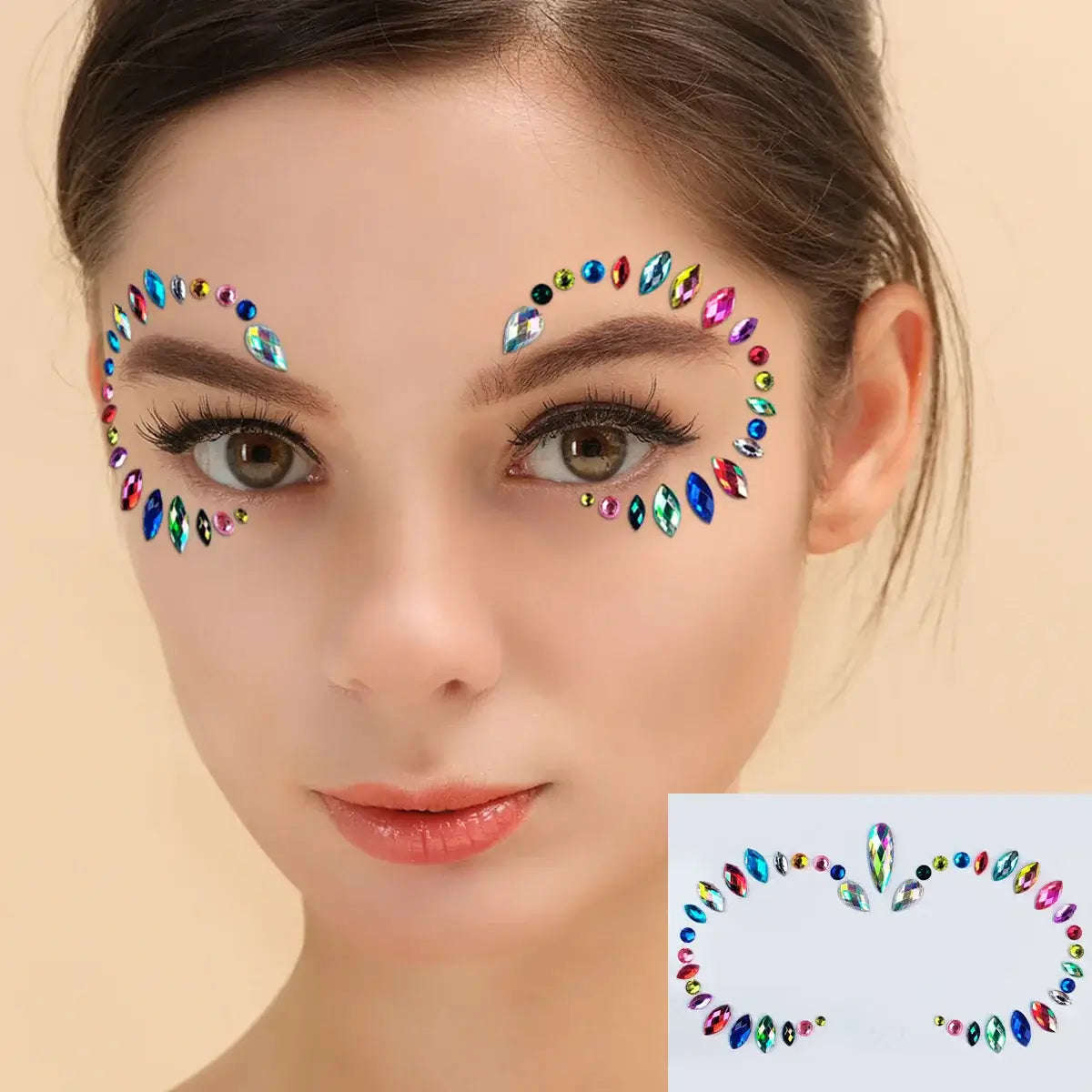 Woman adorned with colorful Celestial Prism Face Jewels, enhancing her eyes for a glittering festival look.