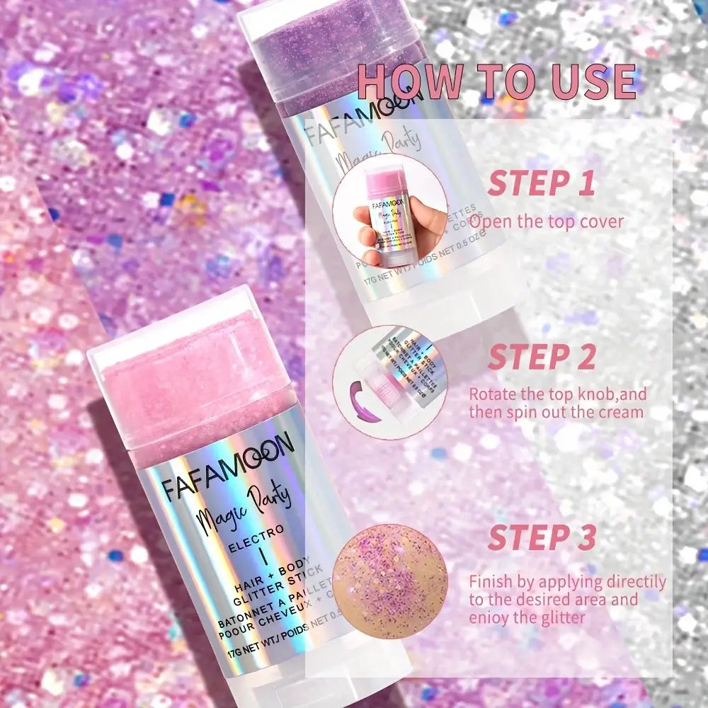 Instructions for using the Magic Glow Glitter Stick, featuring steps for application.