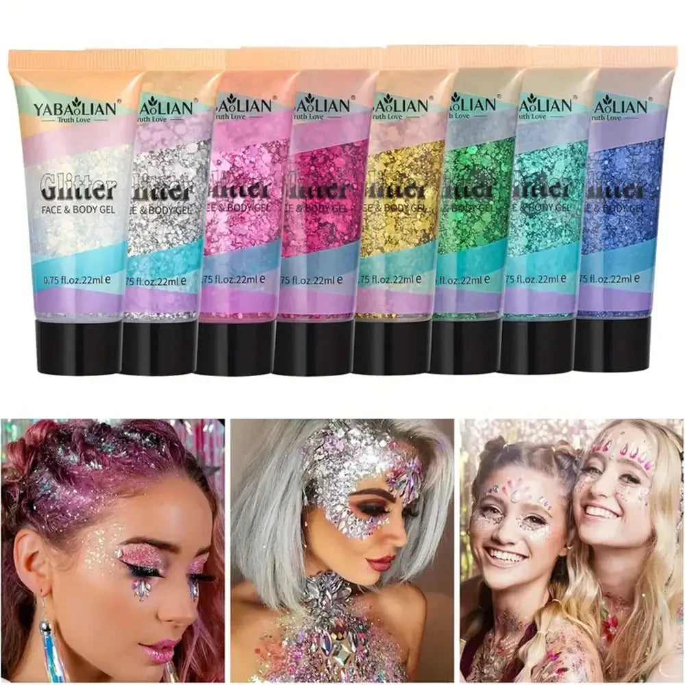 Variety of Yabalain glitter face and body gels in colorful tubes, perfect for festival beauty looks and shimmering styles.