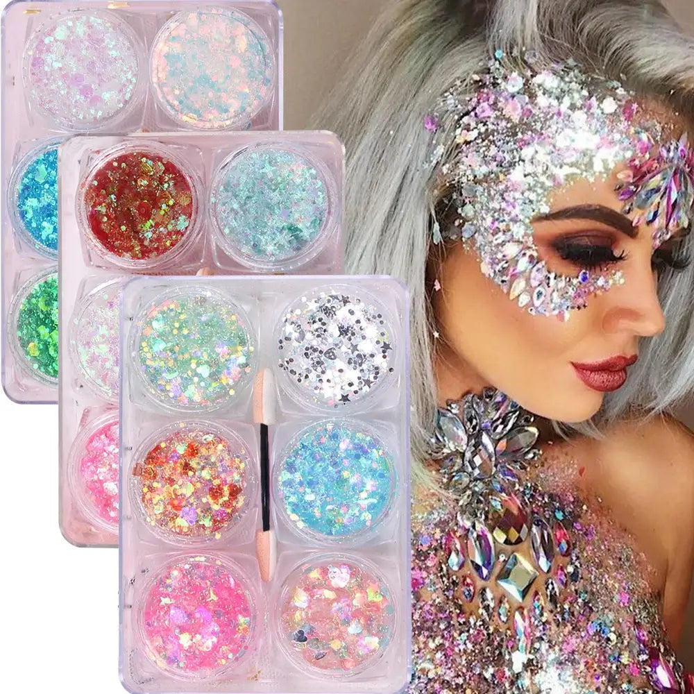 Rave Glow 6-Piece Glitter Gel Set showcasing vibrant glitter gels on a model, perfect for festivals and body art.