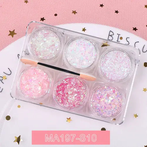 Rave Glow 6-Piece Glitter Gel Set with vibrant shades for face, body, and nails, on a pink background.