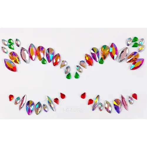 Colorful Celestial Prism Face Jewels featuring iridescent crystals in various shapes for festivals and events.
