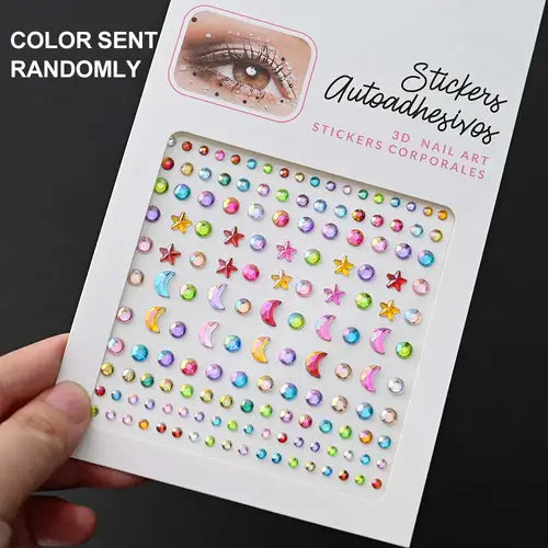 Colorful Stargirl Sparkle face gems in various shapes for nail art, featuring stars, moons, and rhinestones.
