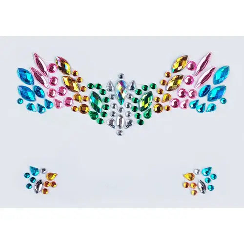 Celestial Prism Face Jewels featuring vibrant iridescent crystals in pink, green, blue, and silver design.