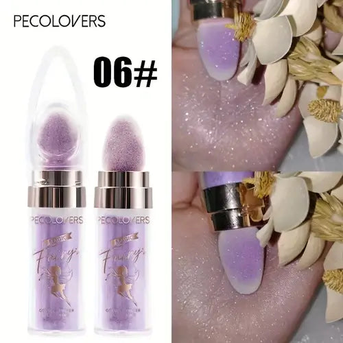 Fairy Dust Shimmer Powder in 06#, showcasing dual applicators and shimmering effect on skin and surface.