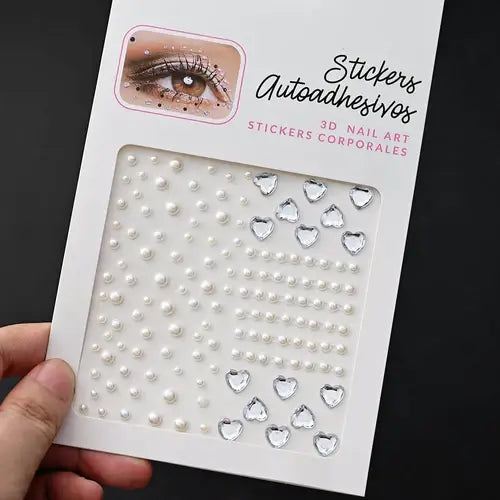 3D nail art stickers featuring pearls and heart designs for easy application and unique nail decor.