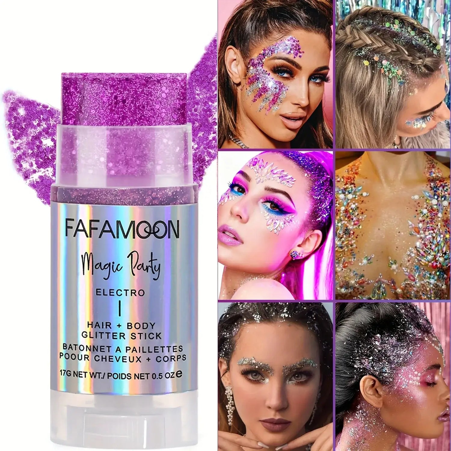 Magic Glow Glitter Stick with radiant shimmer, perfect for hair, body, and face, surrounded by images of glittery looks.